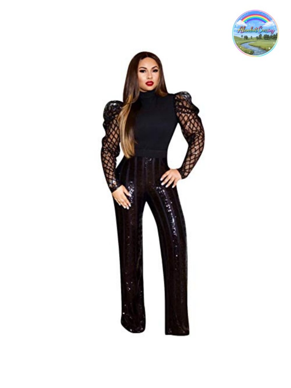 Women's Sequin Mock Neck Party Blouse Mesh Long Sleeve Slim Fit Top - Picture 3 of 6